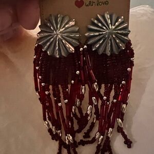Silver and Red Beaded Dangle Earrings